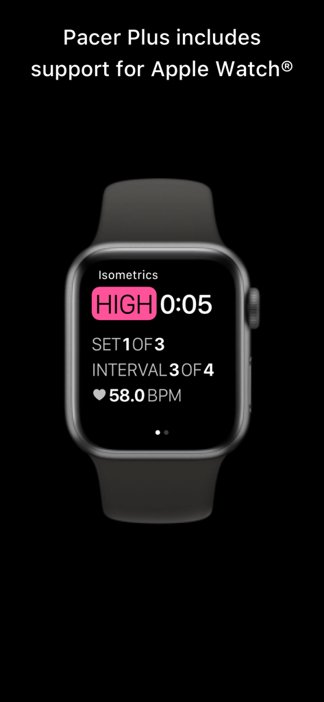 Pacer Fitness - Interval Timer - Aplicativo de timer de intervalos Pacer Fitness exibido em um Apple Watch mostrando séries de treino e frequência cardíaca