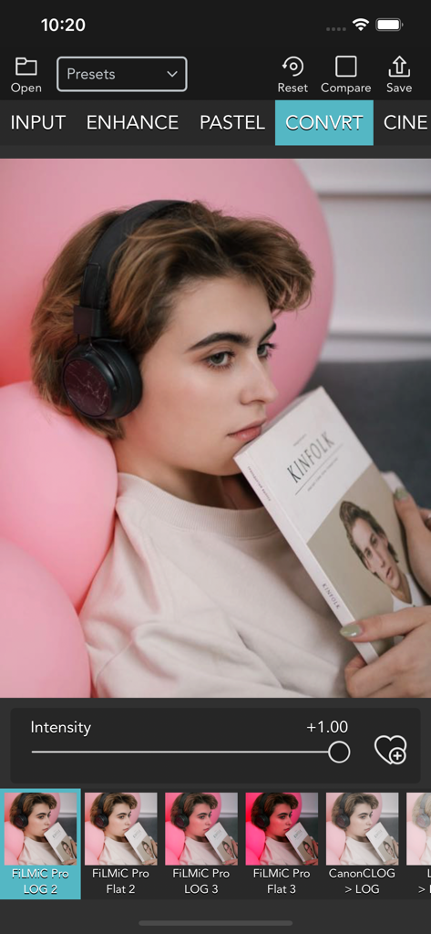 VideoLUT - VideoLUTアプリのインターフェイスに、プロフェッショナルカラーグレーディングプリセットとフィルムライクなログ変換ツールが表示されています。