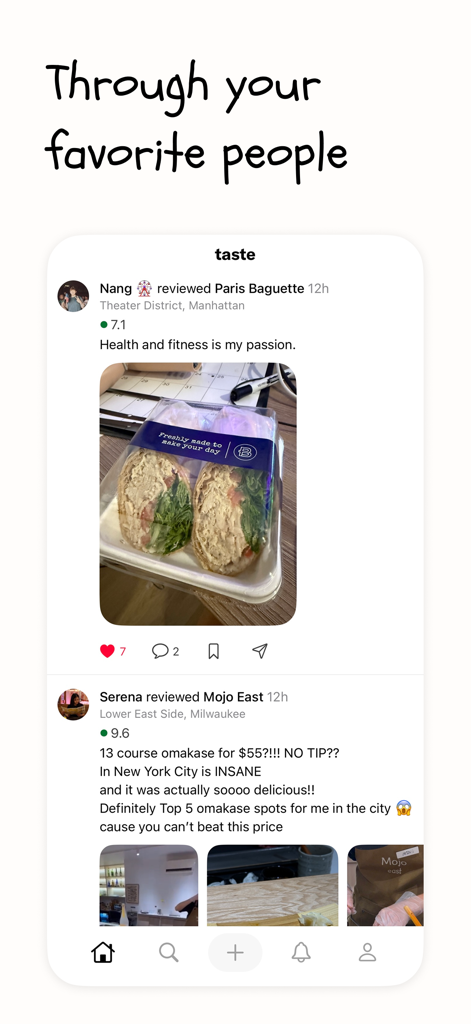 taste :) - Social feed in the taste app displaying restaurant reviews and food photos from followed users.