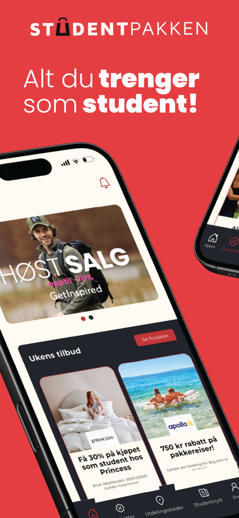 Studentpakken - Screenshot of the Studentpakken mobile app displaying various student discounts and news