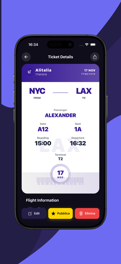 FunTicket - custom tickets - A smartphone screen displaying a custom flight boarding pass from NYC to LAX designed in the FunTicket app