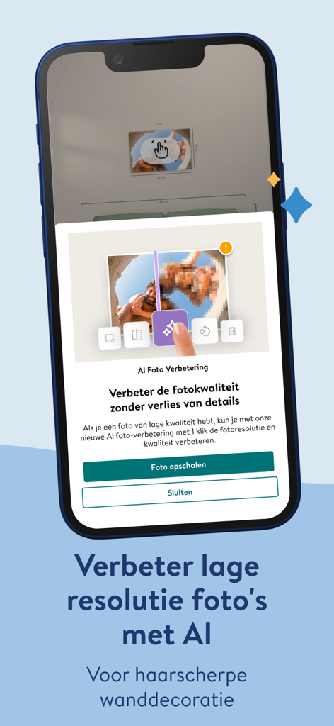 Albelli fotoboek poster prints - Albelli app demonstrating AI photo enhancement to improve low resolution images for sharp wall decor