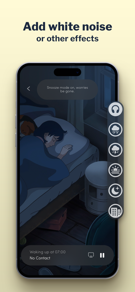Lola app interface showing white noise sound effects like rain and thunder with a cozy sleep illustration.
