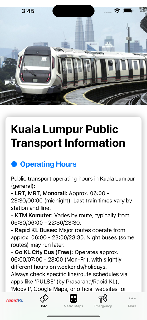 Kuala Lumpur Subway Map - Screen displaying operating hours for Kuala Lumpur subway LRT MRT and monorail services