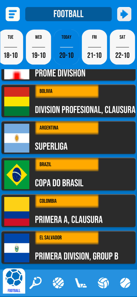 Fair Play - Live Scores - Interface de aplicativo móvel do Fair Play exibindo uma lista de ligas de futebol internacionais com bandeiras e seleção de data