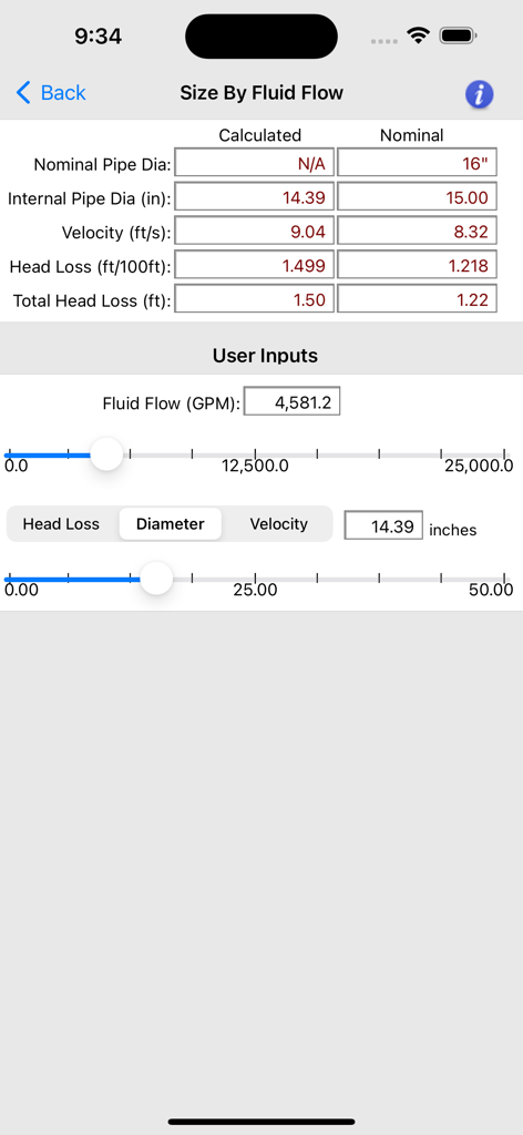 HVAC Pipe Sizer - Liquid - Interface of the HVAC Pipe Sizer Liquid app showing pipe diameter and fluid flow calculations
