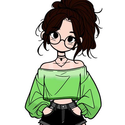 girl with a messy ponytail glasses a baggy crop top and jean shorts