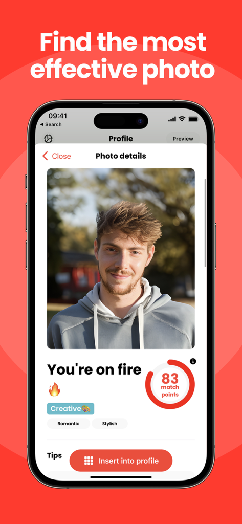 RARE: AI Dating Assistant - Smartphone screen of Rizz AI Dating Assistant showing a high match points score for a profile photo