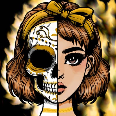 realistic girl with half skull mask