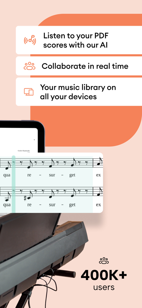 Übersicht der Newzik App-Funktionen, einschließlich KI-Notenwiedergabe, Echtzeit-Kollaboration und Cloud-Musikbibliotheks-Synchronisation.
