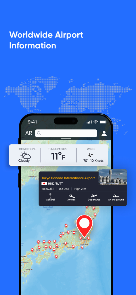 Interfaz de la aplicación Flight Tracker que muestra información del Aeropuerto Internacional de Haneda en Tokio y un mapa de Japón con pines de aeropuertos.