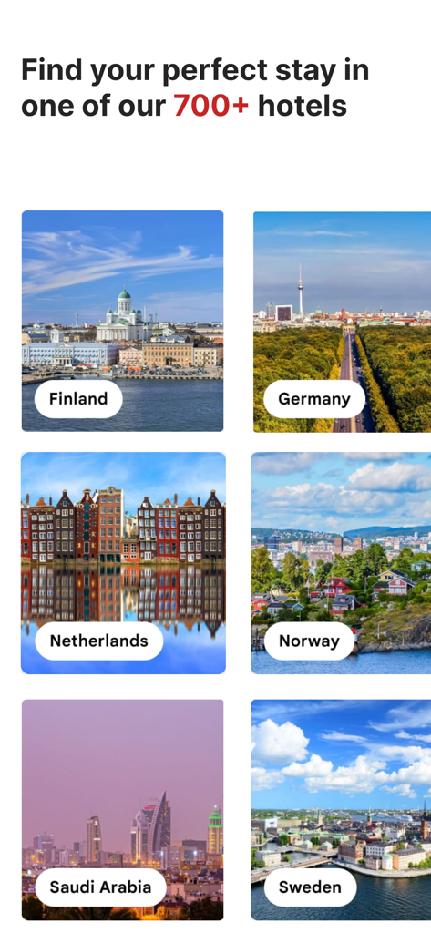 Radisson Hotels Stays - Une grille de destinations de voyage internationales dans l'application Radisson Hotels, présentant des pays comme l'Allemagne, la Finlande et l'Arabie Saoudite.
