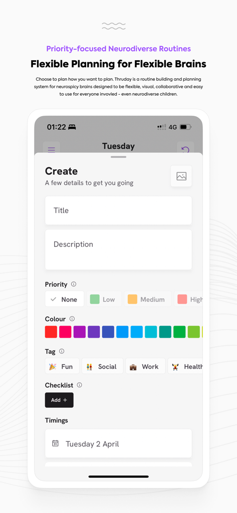 Screenshot of the Thruday app task creation interface featuring visual priority settings, color palettes, and category tags for neurodivergent planning.
