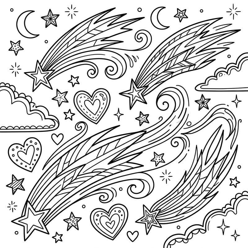Ignite your creativity with this beautiful Pride Comet Tails coloring page, combining celestial wonder with symbols of love and diversity. Dive into a starry sky filled with enchanting comet trails, hearts, and moons, perfect for a joyful coloring experience.
