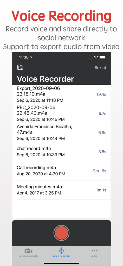 Screen Recorder RecordXアプリのインターフェイス。音声録音リストと赤い録音ボタンが表示されています。