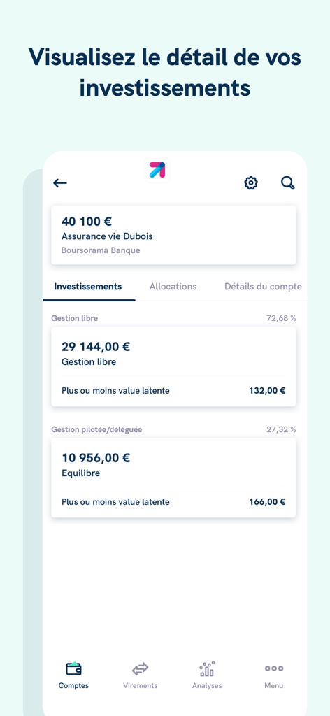 Linxo - L'app n°1 de budget - Linxo mobile app screen displaying investment account details and portfolio performance
