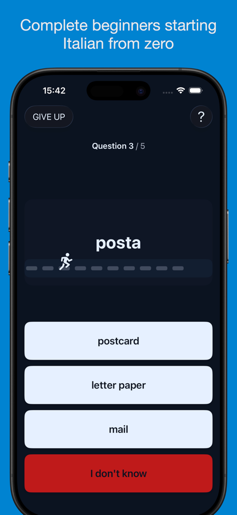 Basic Italian Vocabulary App - Mobile app screen showing an Italian vocabulary quiz for beginners with multiple choice options
