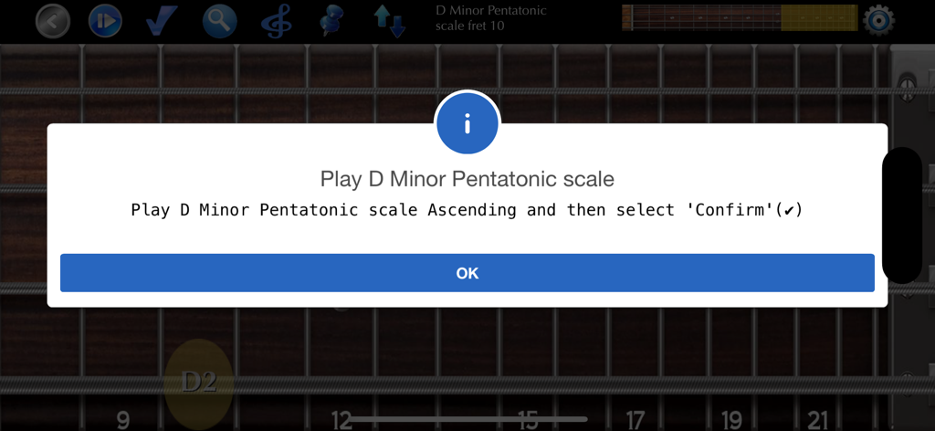 Bass Guitar Tutor - La aplicación Tutor de Bajo Eléctrico muestra una indicación de práctica de escala para Pentatónica Menor de Re.