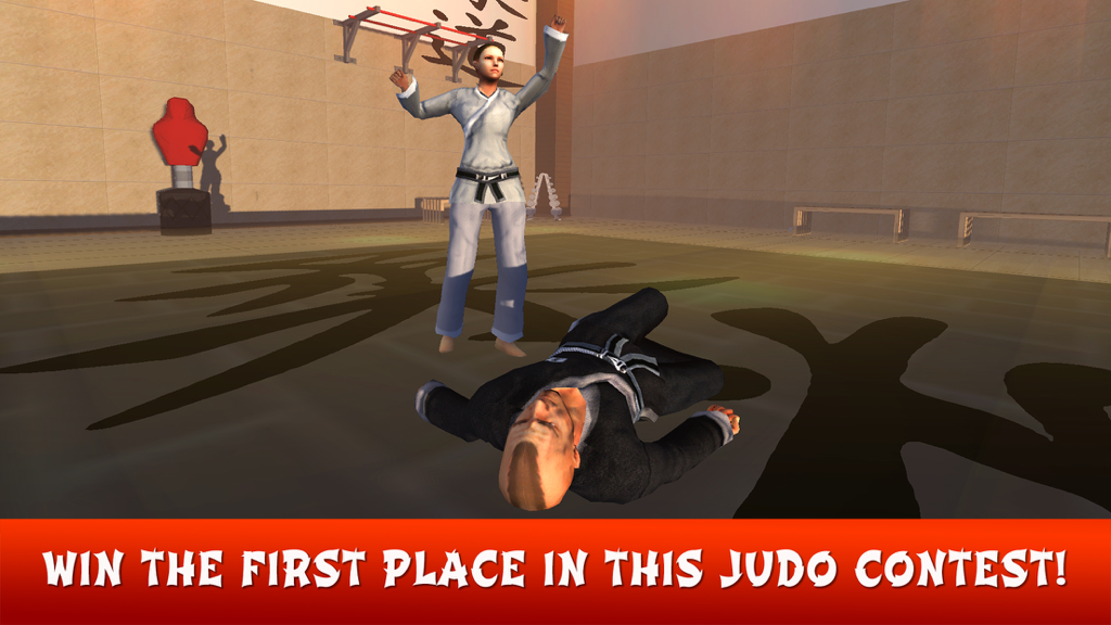 Judo Kick Master: Fighting Clash - A female judo fighter celebrating victory over a defeated opponent in a dojo
