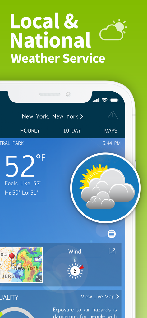 WeatherBug Elite mobile app showing local weather forecast for New York