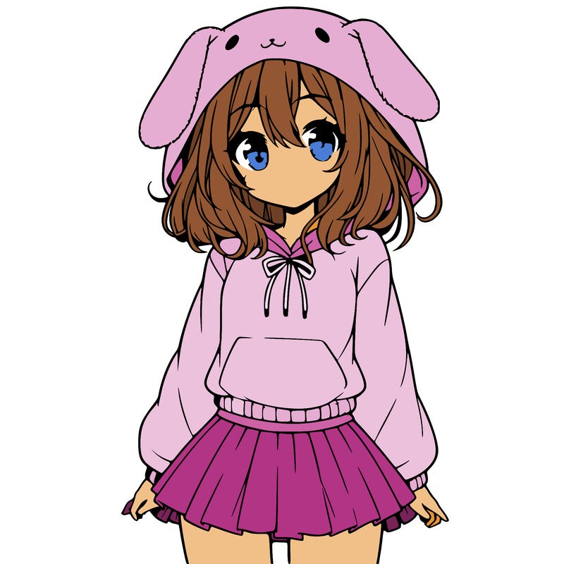 pretty anime girl wearing a fluffy hoodie with bunny ears on the hood and a skirt