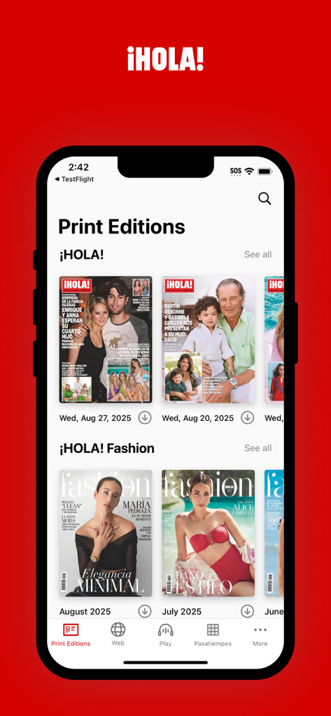 HOLA ESPAÑA app displaying digital magazine print editions and fashion covers.