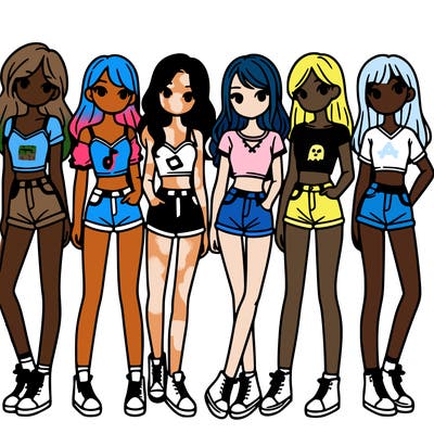 a group of girls wearing crop tops and shorts