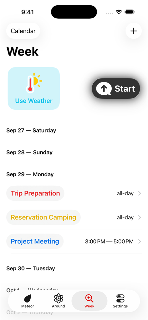 Weekly calendar view in the Meteor app listing daily tasks and events