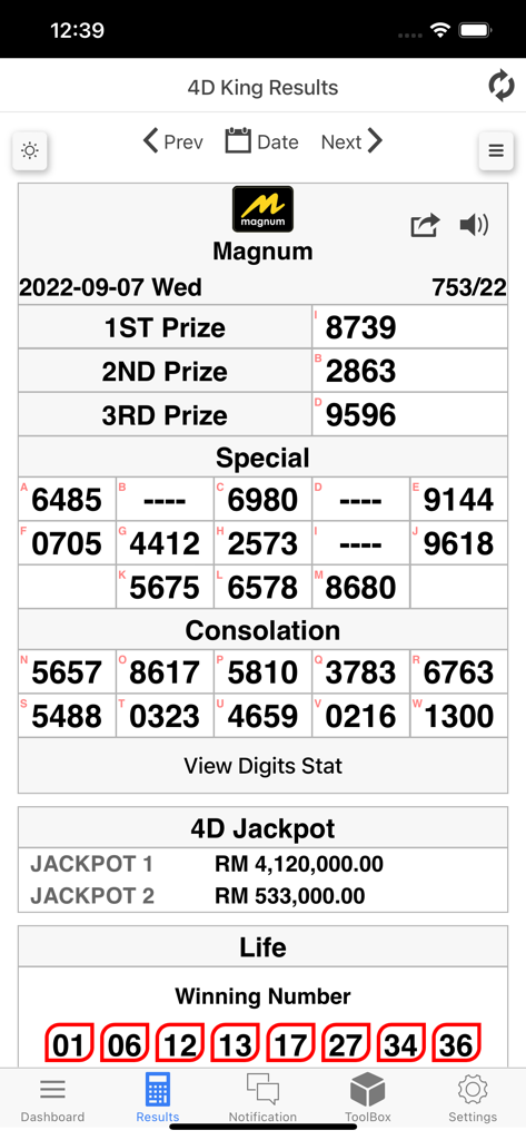 4D King Live 4D Results - Magnum 4D live results display showing winning numbers and prize categories