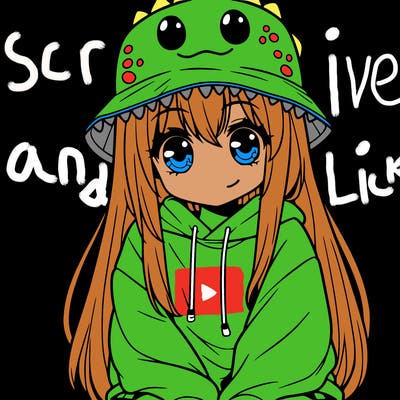 girl with anime shaped eyes with a dinosaur bucket hat oversized sweatshirt long straight hair