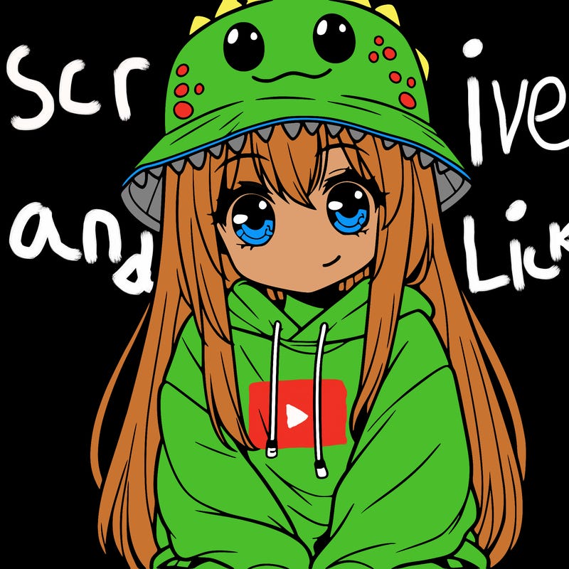 girl with anime shaped eyes with a dinosaur bucket hat oversized sweatshirt long straight hair