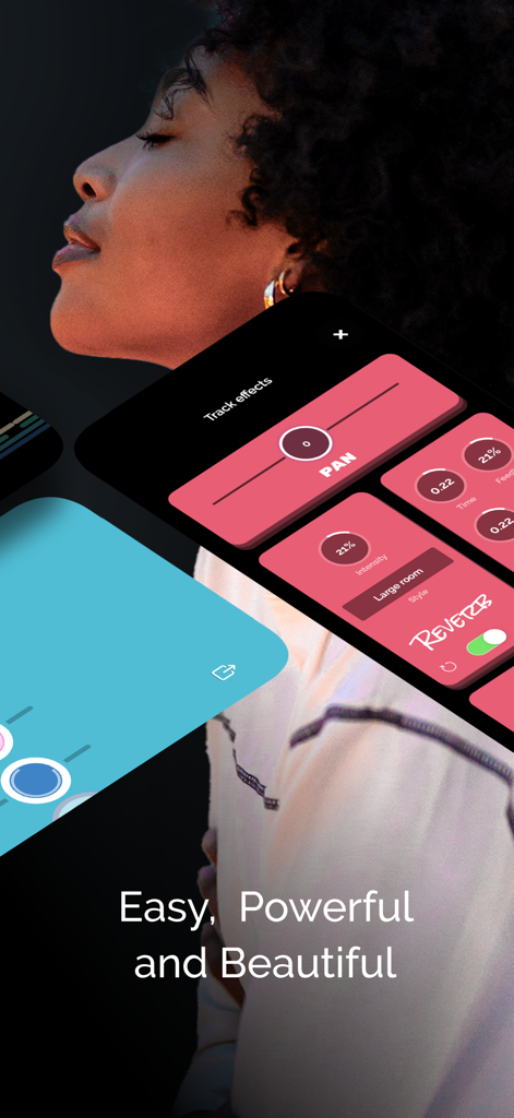 User interface of Jam Looper app displaying track effects and reverb controls for musicians