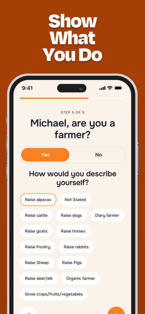 Farmers Match Dating App - A screenshot of the Farmers Match dating app showing the profile setup screen where users can select their farming occupation like raising cattle or horses.
