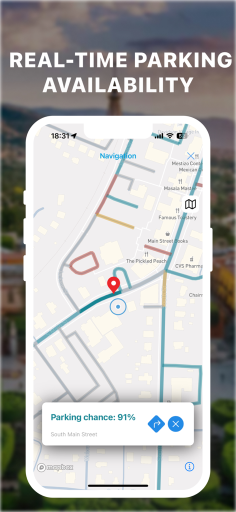 Parknav Parking app interface showing a color-coded street map with a 91 percent parking chance notification.