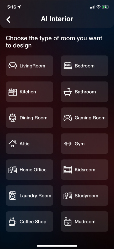 Home AI : AI Interior Design - Interface for choosing room types to design in the Home AI app.