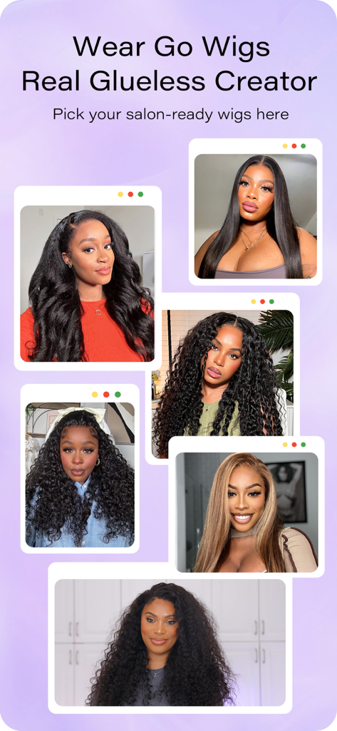 OQ Hair - Una raccolta di foto che mostrano donne diverse che indossano vari stili di parrucche glueless sull'app mobile OQ Hair
