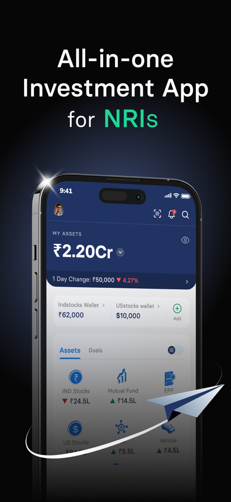 INDmoney - NRI Investing App - Dashboard dell'app INDmoney che mostra un portafoglio di investimenti completo per NRI, incluse azioni indiane e statunitensi.