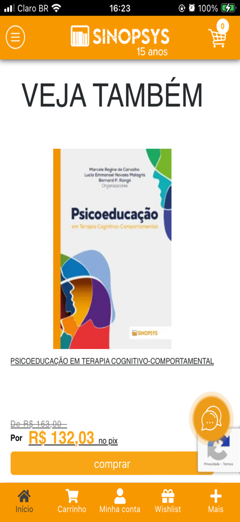 Page produit d'un livre de psychologie sur la thérapie cognitivo-comportementale sur l'interface de l'application mobile Sinopsys Editora.