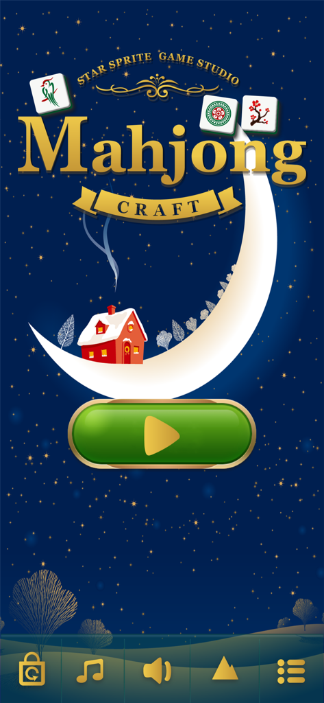 Mahjong Craft start screen with a crescent moon and a cozy house under a starry night sky