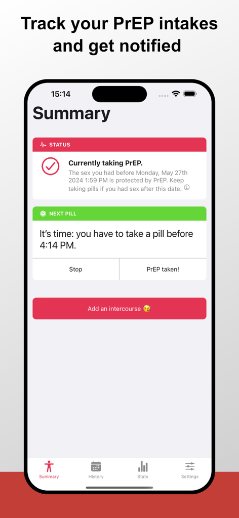 The summary screen of the My PrEP app displaying medication intake status and next dose reminders