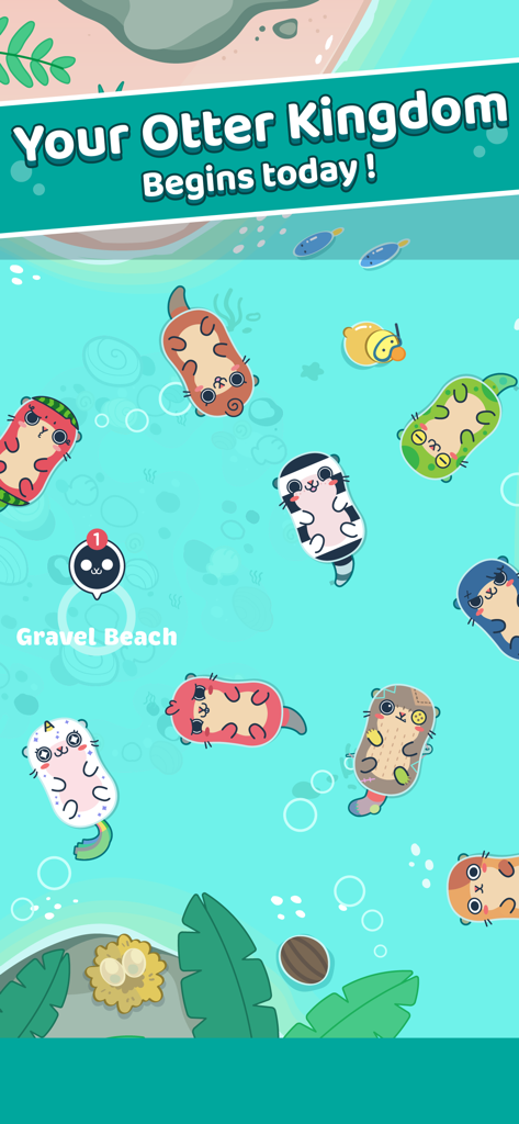 明るい青い海の王国で泳ぐ、様々でキュートでカラフルなラッコたち