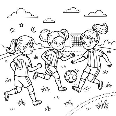 Get ready to kick off some creative fun with this dynamic coloring page featuring a team of enthusiastic female soccer players. Perfect for young sports fans, this illustration captures the excitement of the game on the field.