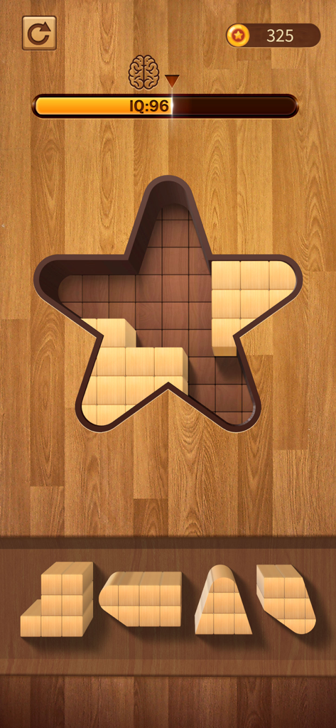 A mobile game screenshot of BlockPuz showing wooden blocks being arranged into a star shaped puzzle grid on a wooden background