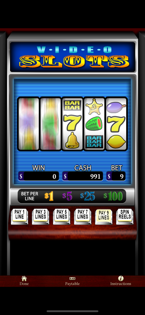 Astraware Casino - A screenshot of the video slots gameplay interface in the Astraware Casino app showing the reels and betting options.
