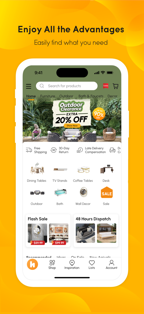 Homary - Homary app home screen featuring furniture categories and promotional banners