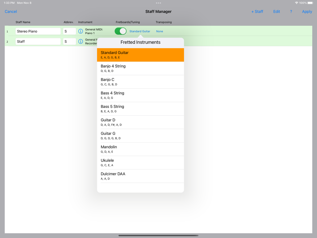 MusicJOT - Partitur-Manager in MusicJOT zeigt eine Liste von Bundinstrumenten und deren Stimmungen auf einem iPad