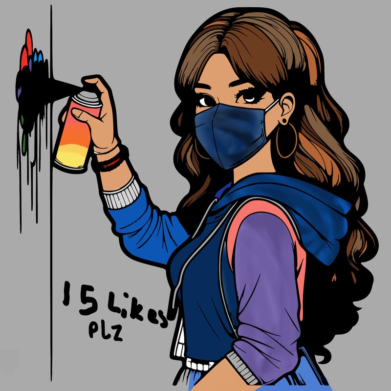 realistic girl with mask spray painting a wall