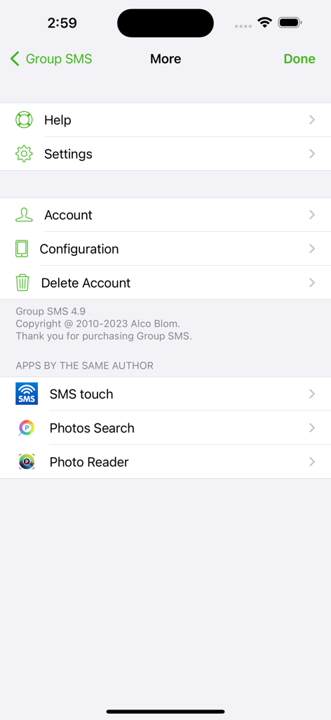 Screenshot of the Group SMS app settings screen showing menu options for Help, Settings, Account, and Configuration.