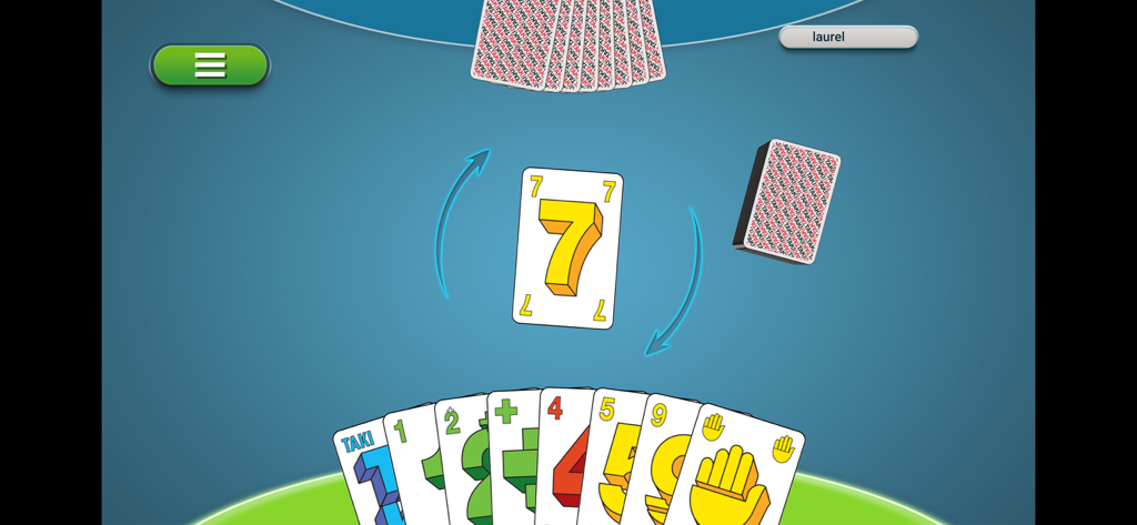 Gameplay view of the TAKI mobile app showing a central yellow card and a player's hand
