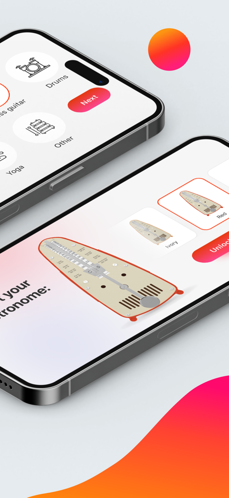 Metronome Beats: Pulse & Tempo - Metronom Beats App-Oberfläche auf iPhones, die Vintage-Stil-Designs und Instrumentenauswahlmöglichkeiten zeigt